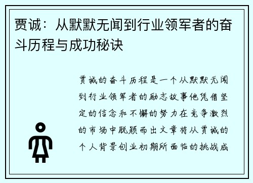贾诚：从默默无闻到行业领军者的奋斗历程与成功秘诀